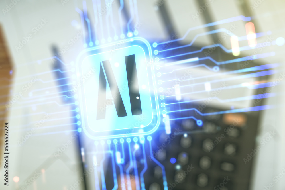 Poster double exposure of creative artificial intelligence icon on blurry calculator background. neural net
