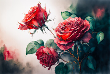 Red roses watercolor painting. Generative AI