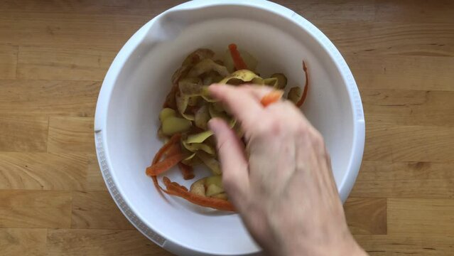 Top view of potato and carrot peeling garbage. Food compost, circular economy concept