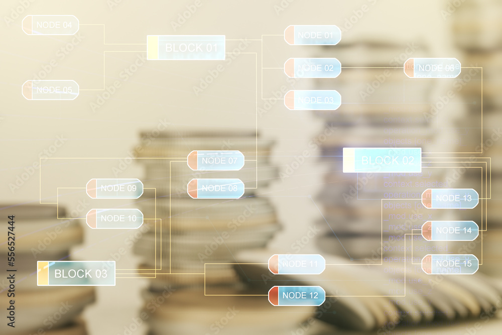 Poster double exposure of abstract programming language interface on growing stacks of coins background, re