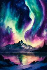 Fototapeta na wymiar Aurora borealis, northern lights watercolor painting. Generative AI
