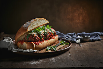 A traditional spicy meatball sandwich with Marinara sauce served on a wooden table - Generative AI