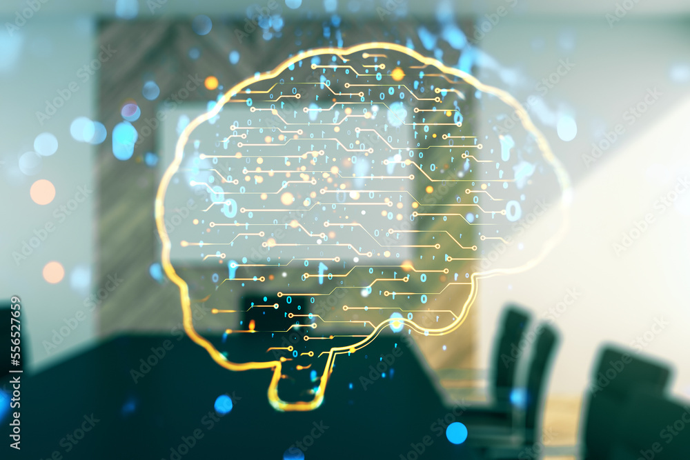 Poster double exposure of creative artificial intelligence interface on a modern meeting room background. n