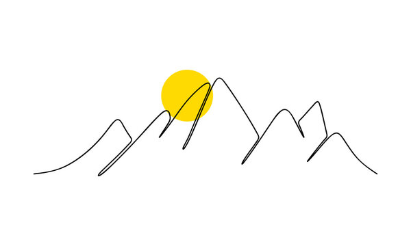 One continuous line drawing of mountain with color sun. One line mountain and sun. Doodle vector illustration