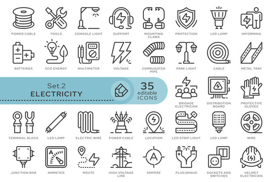 Line icon set. Electricity, electrical equipment and installations. Electric energy. Vector icon pack.	