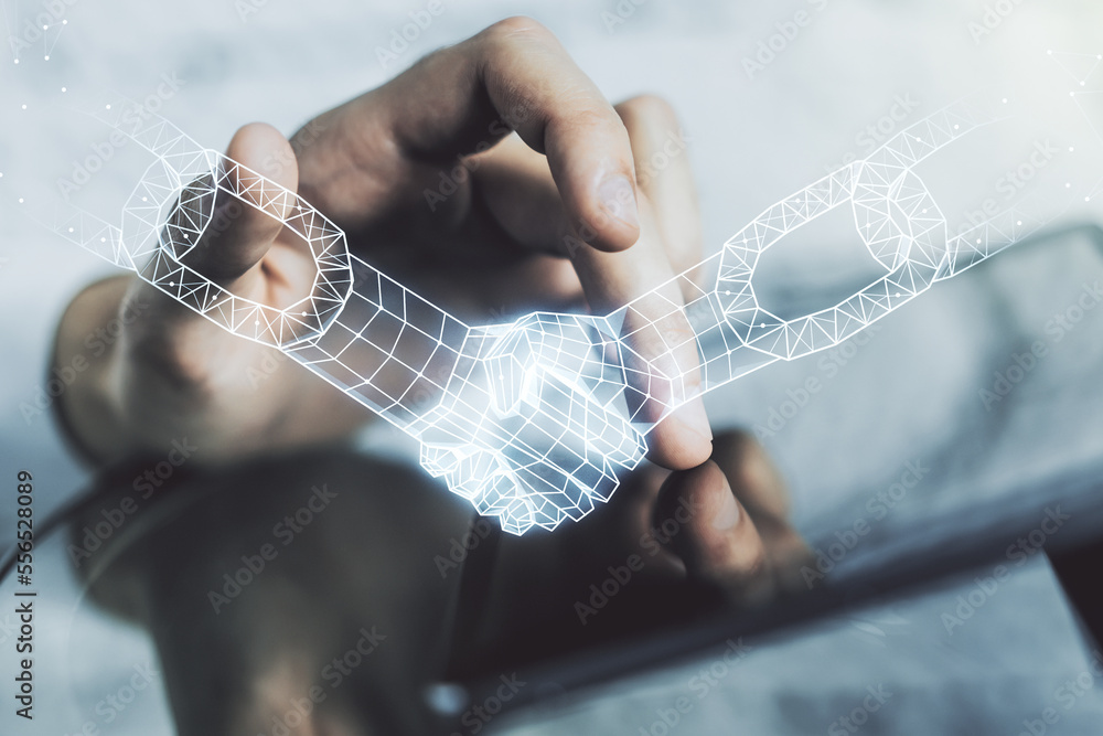 Poster creative concept of blockchain technology with handshake and finger clicks on a digital tablet on ba