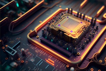 Circuit board and cpu close up with orange glow. Quantum computer concept. AI generated.