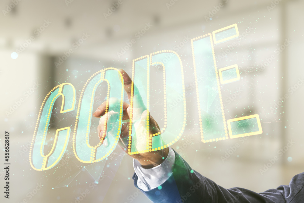 Poster man hand presses on code word hologram on blurred office background, international software developm