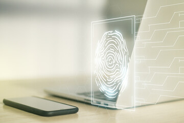 Double exposure of abstract creative fingerprint hologram on computer background, protection of personal information concept