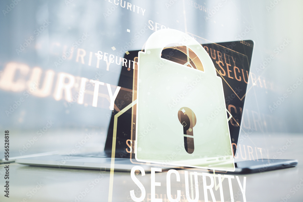 Poster creative idea concept with lock symbol and microcircuit illustration on modern laptop background. pr