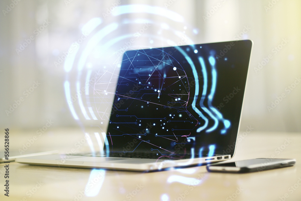 Aufkleber creative artificial intelligence concept with human head sketch on modern computer background. doubl