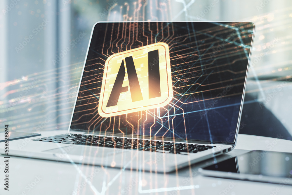 Poster double exposure of creative artificial intelligence icon with modern laptop on background. neural ne