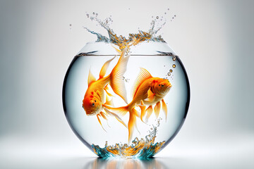 Two goldfish swimming in a fishbowl with a leaping splash on a white backdrop. taken using a 5D Mark III in a studio. Generative AI