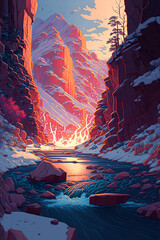 Fototapeta premium Roaring rapids in a snowy canyon, sunset, nature landscape, mountains, art illustration