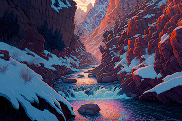 Fototapeta na wymiar Roaring rapids in a snowy canyon, sunset, nature landscape, mountains, art illustration