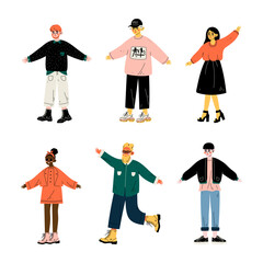 Diverse Teenagers Standing and Wearing Trendy Clothing Vector Set