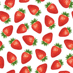 Strawberry seamless pattern. Colorful vivid print with hand drawn berries. Repeated luxury design for packaging, cosmetic, menu, cafe, textile. Realistic detailed illustration.