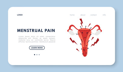 Painful menstruation. Web banner with uterus. Flat vector illustration - obrazy, fototapety, plakaty