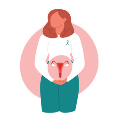 Cervical cancer concept. Human papillomavirus development. Disease symptom. Woman holds uterus. Flat vector illustration