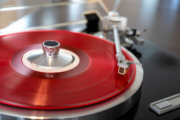 Vintage Stereo Turntable Vinyl Record Tonearm Cartridge Closeup. - 556529618