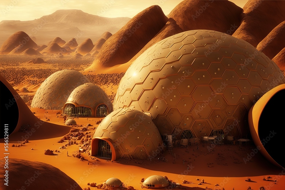 Poster visualization of a martian surface colony. generative ai