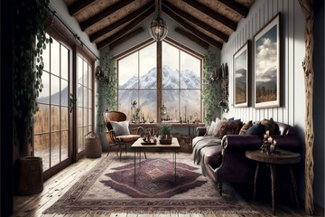 Plakat scandinavian mountain resort living room interior with victorian furnitures