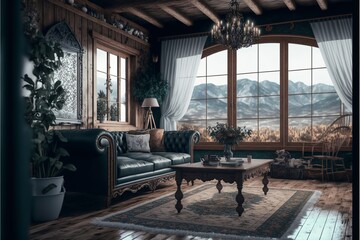 scandinavian mountain resort living room interior with victorian furnitures - obrazy, fototapety, plakaty