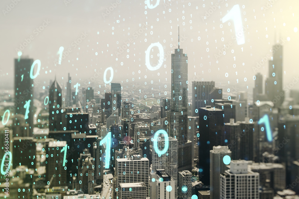 Aufkleber Abstract virtual binary code sketch on Chicago office buildings background, hacking and matrix concept. Multiexposure