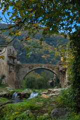 Fototapeta na wymiar Beautiful view of the medieval bridge from below in the middle of nature.