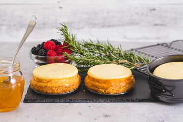 Mini cheesecakes close-up on kitchen table