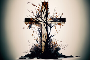 picture of a cross with branches representing a religious funeral. Generative AI