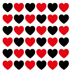 Red and black hearts pattern on white background