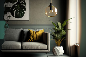 Interior of contemporary living room with couch, plant, and lamp. Generative AI