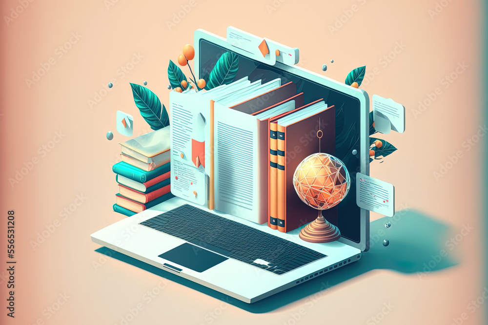 Poster website offering online education. application education. a computer with pages open. illustrations.