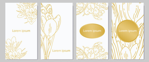 Set of four delicate, minimalist white backgrounds with gold flowers.