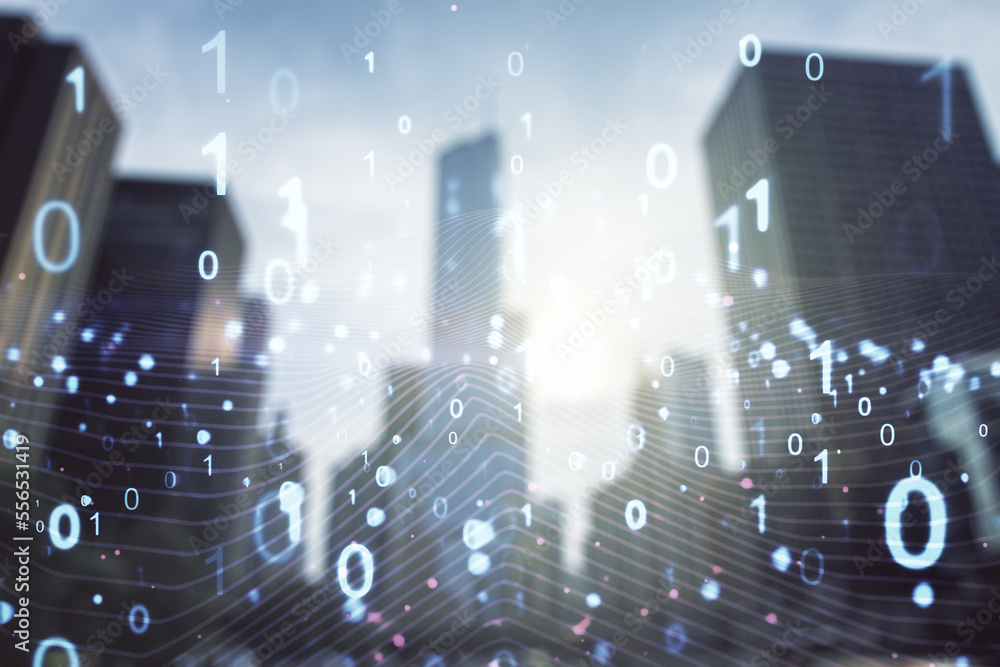 Aufkleber Abstract virtual binary code illustration on office buildings background. Big data and coding concept. Multiexposure