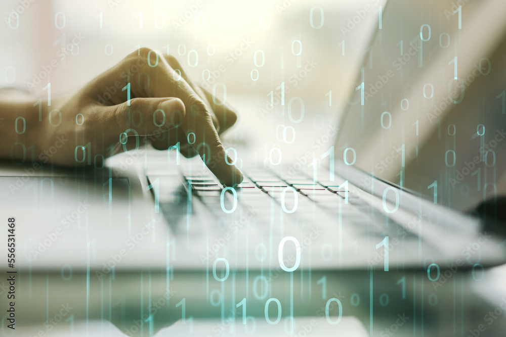 Leinwandbilder creative abstract binary code hologram and hands typing on computer keyboard on background, ai and m