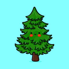 Cute funny Christmas tree. Vector hand drawn cartoon kawaii character illustration icon. Isolated on blue background. Spruce character concept