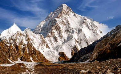 Snow-capped K2 summit, the second highest mountain in the world 