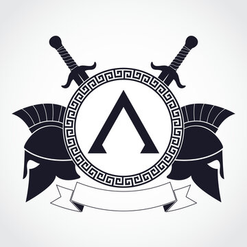spartan theme heraldry logo with shield helmets and swords