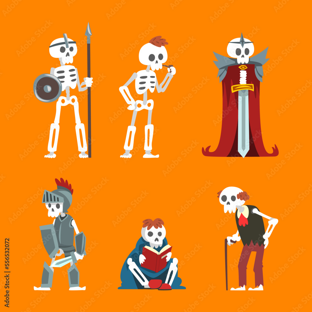 Poster bony skeleton character in different pose and action vector set