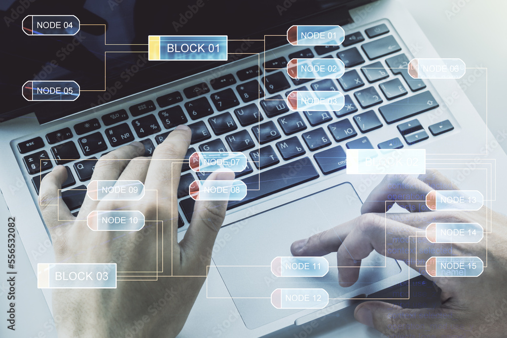 Poster abstract creative coding concept with hands typing on laptop on background. multiexposure