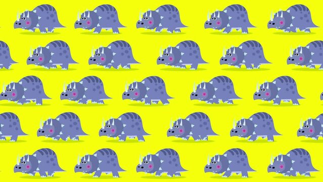 Triceratops cartoon blue characters wallpaper walking on lemon background. Cute children animation good as backdrop for intro, party, television programme, presentation, etc... Seamless loop.