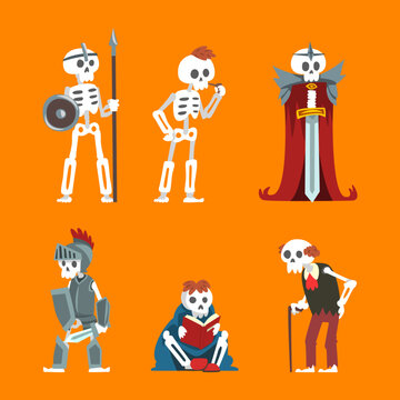 Bony Skeleton Character in Different Pose and Action Vector Set