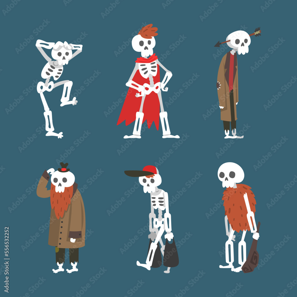 Poster bony skeleton character in different pose and action vector set