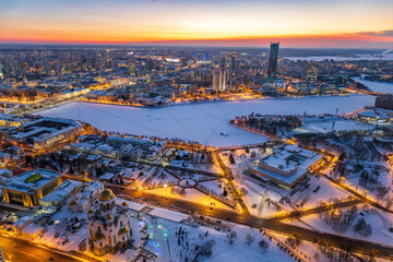 Winter Yekaterinburg and Temple on Blood in beautiful blue clear sunset. Aerial view of Yekaterinburg, Russia. Translation of the text on the temple: Honest to the Lord is the death of His saints.