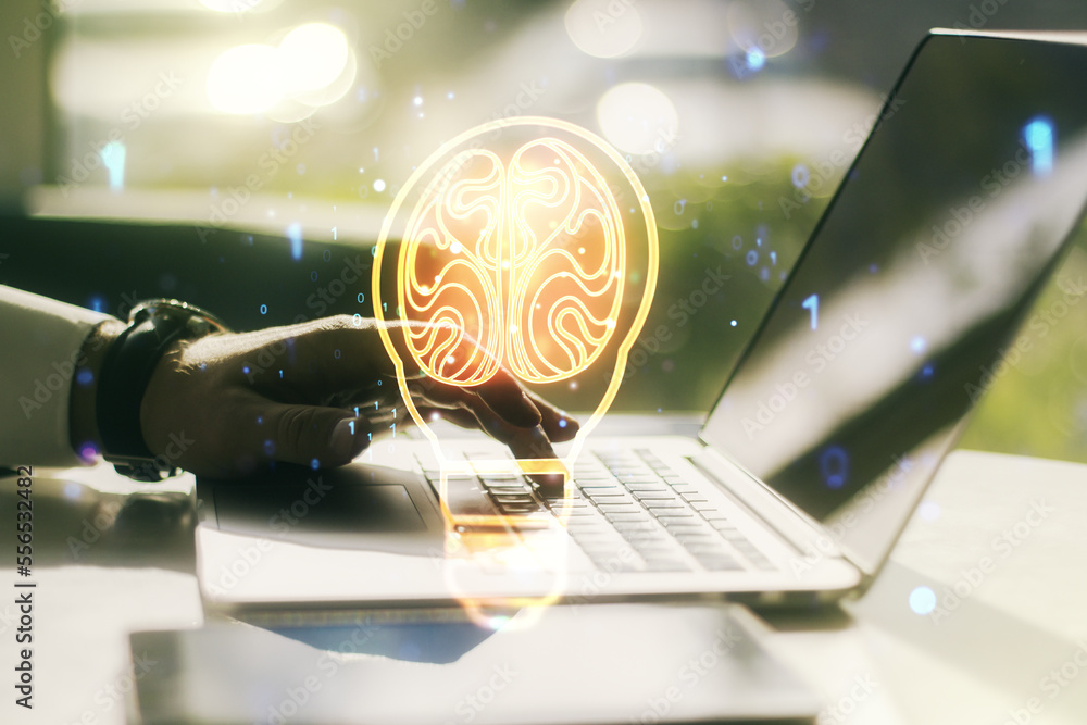 Poster creative light bulb illustration with human brain and with hands typing on computer keyboard on back