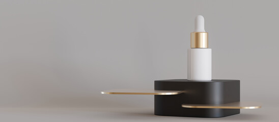 Blank, unbranded cosmetic serum bottle standing on black podium with golden details. Skin care product presentation. Mock up. Dropper bottle, hyaluronic acid, oil, serum with copy space. 3D rendering.