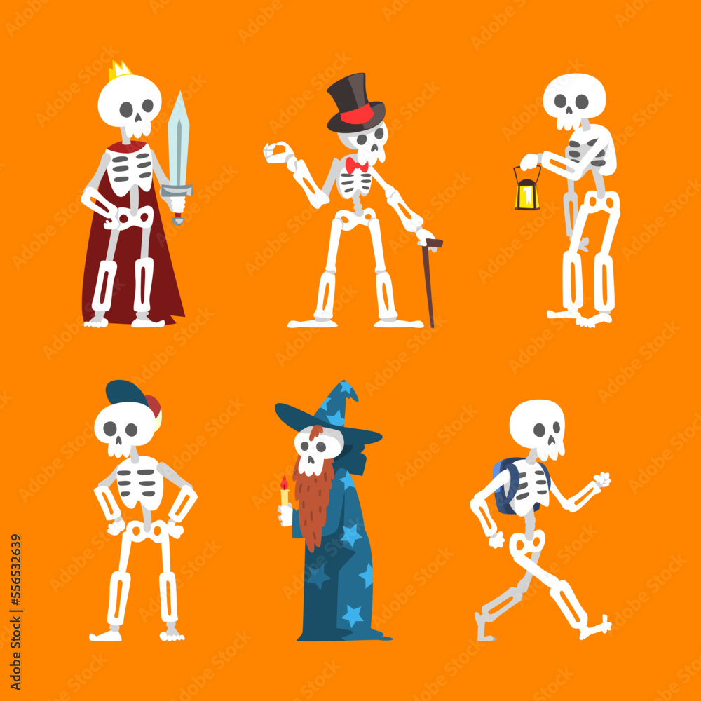 Poster bony skeleton character in different pose and action vector set