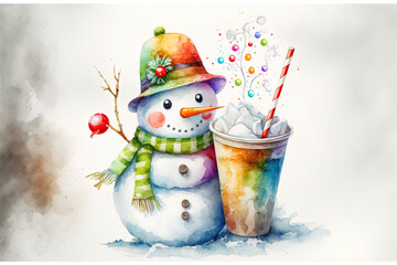 Illustrations for Christmas in watercolor. vibrant hues. Gift, snowman, and winter beverage Isolated artwork over a white background. Generative AI